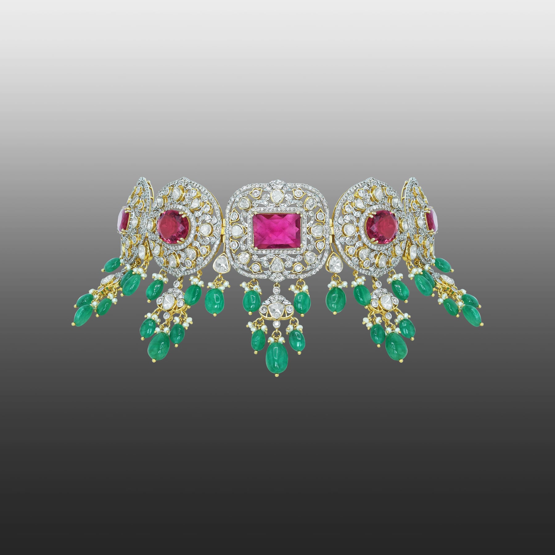 Tourmaline Choker with Polki Diamonds, Emerald Drops, and Pearls